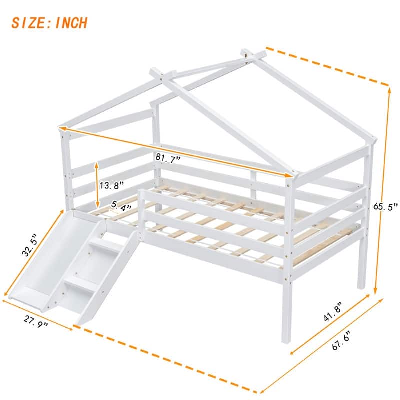 Twin Low Loft House Bed with Slide,Ladder and Safety Guardrails