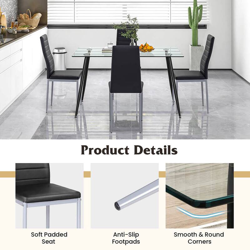 Gymax 5 PCS 51'' Rectangle Dining Set 0.3'' Thick Glass Table w/ 4