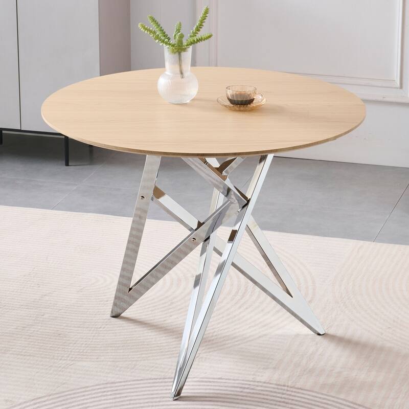37" Modern Round Dining Table with Triangular Metal Legs - Natural+Silver