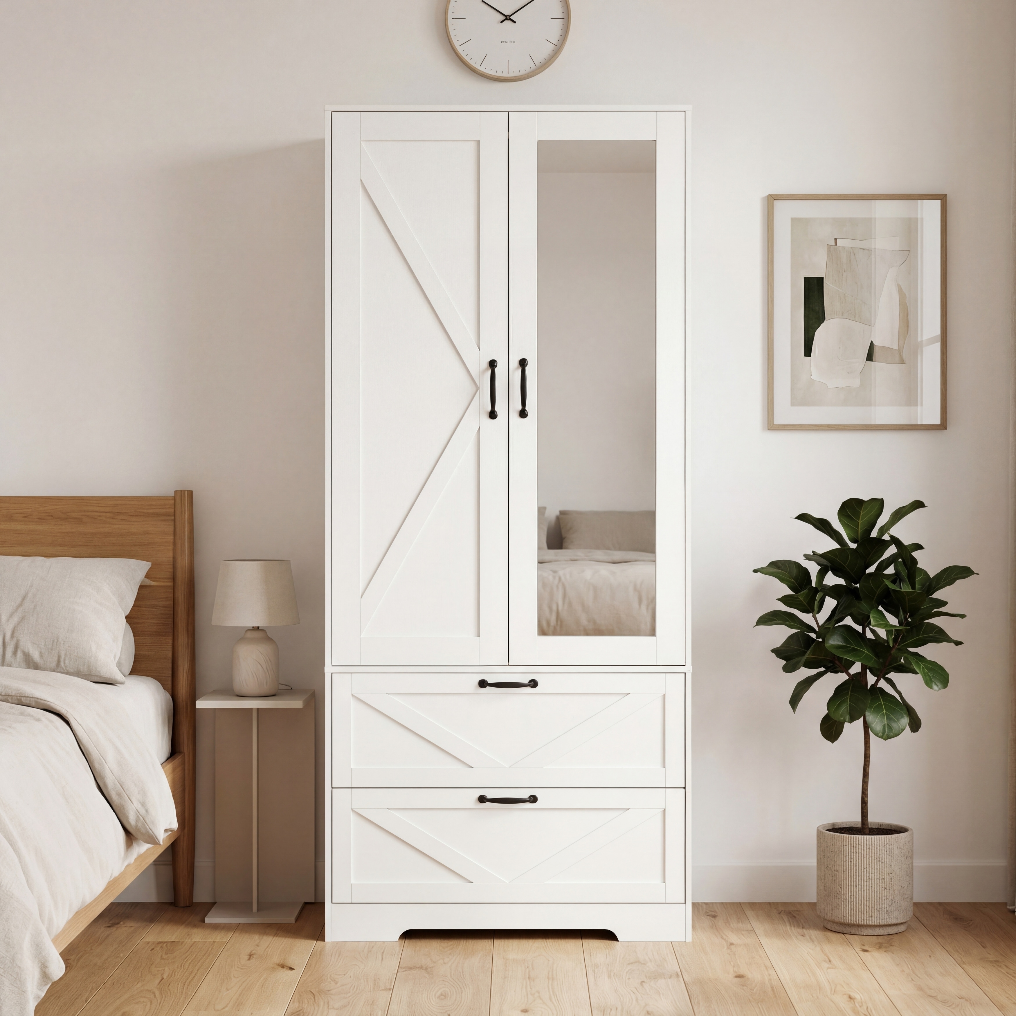 Modern Storage Wardrobe with LED Lighting Mirror and Drawers by GDFStudio
