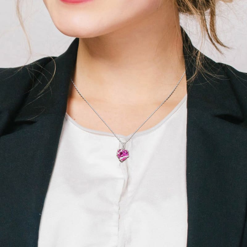 Miadora 7 1/4 CT TGW Created Pink Sapphire and Diamond Accent Heart Necklace in Sterling Silver