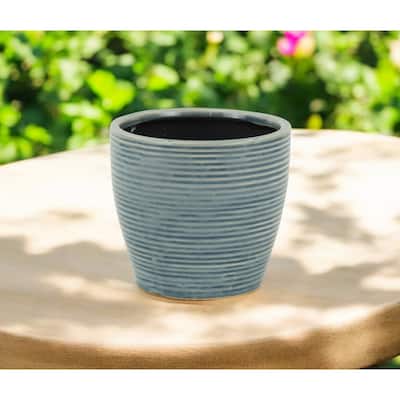 HomeRoots 6" Blue Striped Ceramic Indoor Outdoor Round Pot Planter