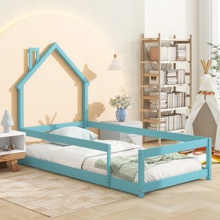 Twin Size Wooden Bed with House-Shaped Headboard and Guardrails for Safe and Imaginative Sleep