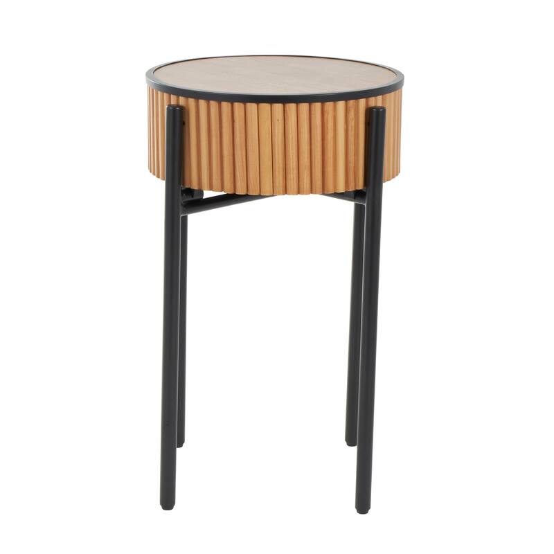 Brown Wood Handmade Slatted Drum Side End Accent Table with Black Metal Legs