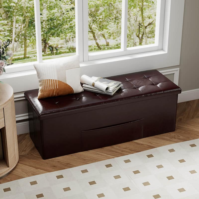 Costway 43 Inches Folding Storage Ottoman Bench with Side Pocket