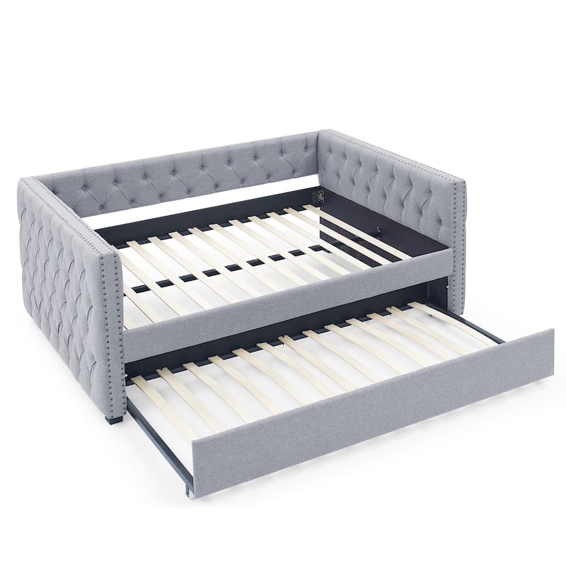 Full Size Daybed with Twin Trundle Sofa Bed, with Button and Copper Nail on Square Arms, Grey