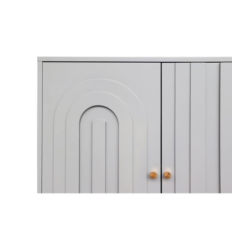 Modern MDF Cabinet with Adjustable Shelves, Matte Gray Finish and Gold Knobs for Stylish Home Storage