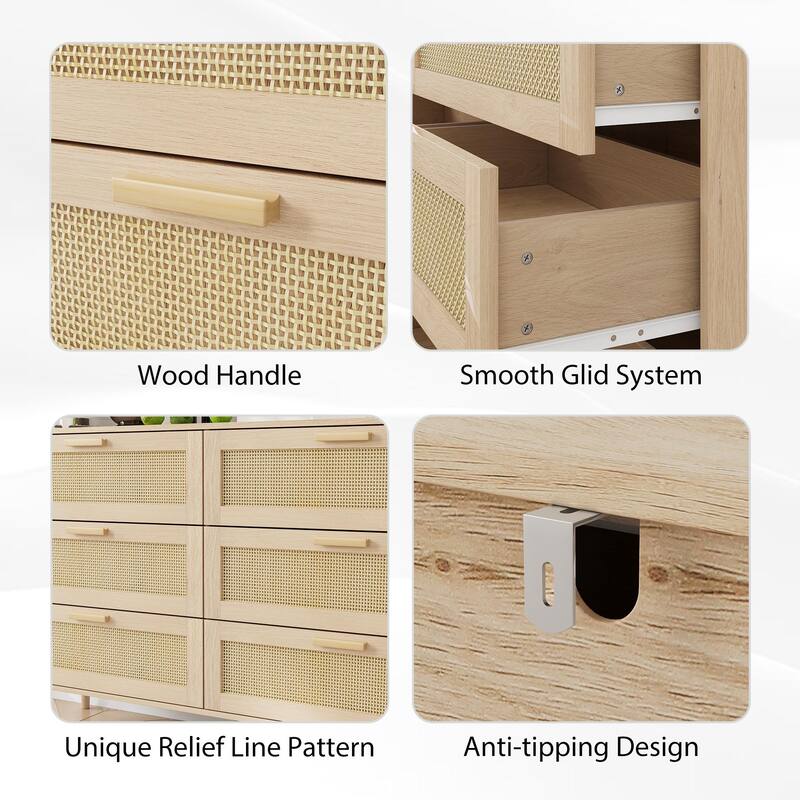 Rattan 6 Drawers Chest of Dressers for Bedroom,Modern 6 Drawer Dresser,Wide Chest of Drawers with wood Handles