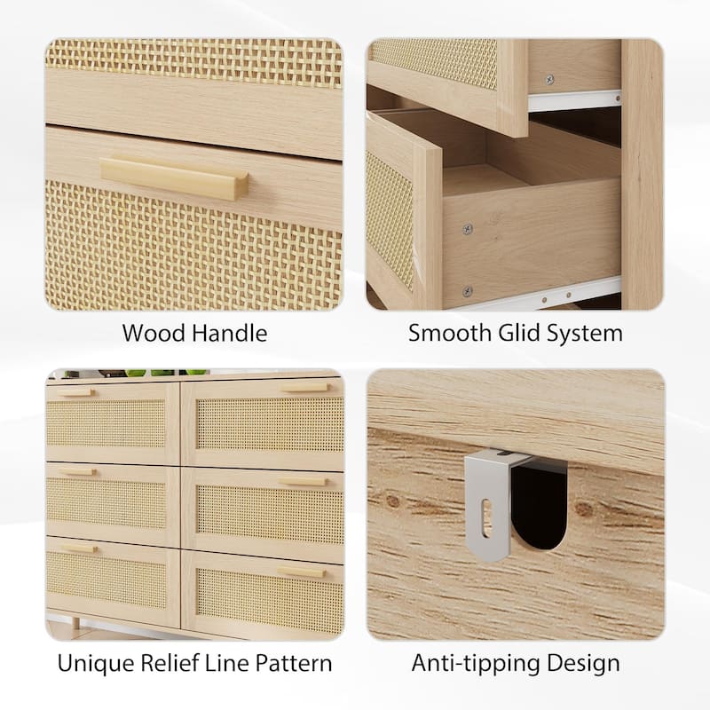 Rattan 6 Drawers Chest of Dressers for Bedroom 6 Drawer Dresser, Wide Chest with Handles for Living Room, Bedroom, Hallway