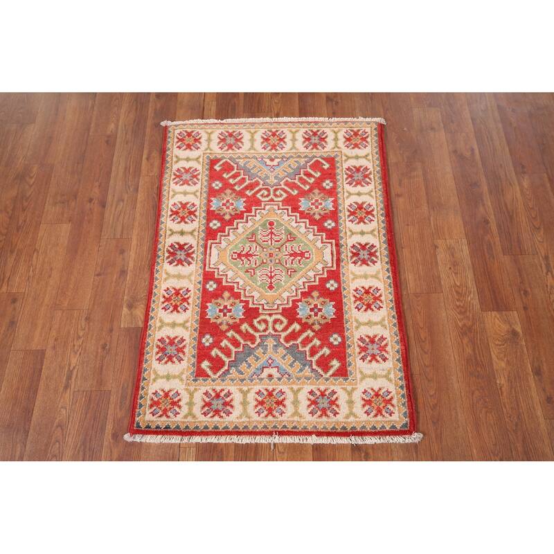 Geometric Kazak Oriental Accent Rug Hand-Knotted Wool Carpet - 2'1" x 2'11"