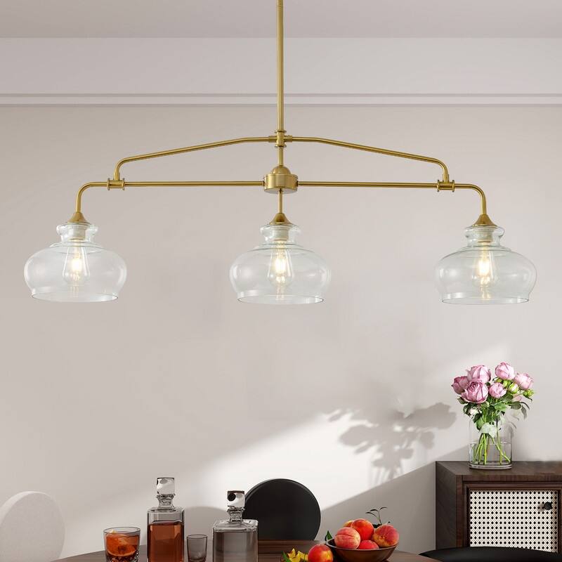 3-Light Brass Farmhouse Chandelier with Clear Glass Shade, Dimmable Hanging Light for Dining Room - 3 Light-46.85in