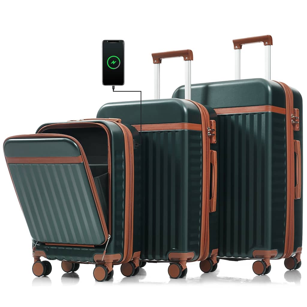 3-Piece, Modern Front-opening Luggage with USB Port and Spinner Wheels, for Boarding Travel, Dark Green