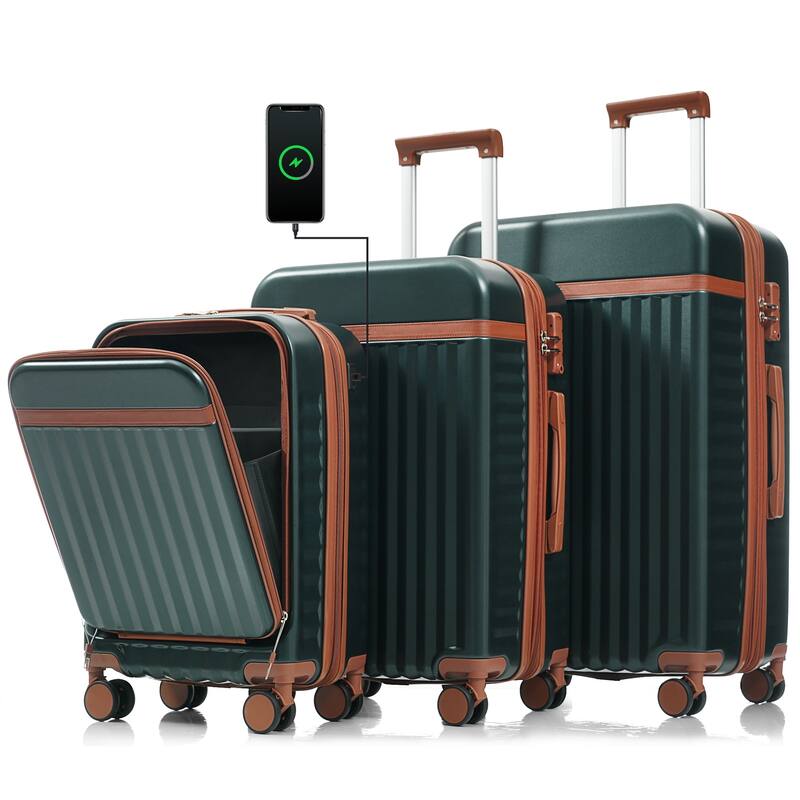Luggage Set of Three, ABS Hard Shell Luggage with Spinner Wheels - Dark Green