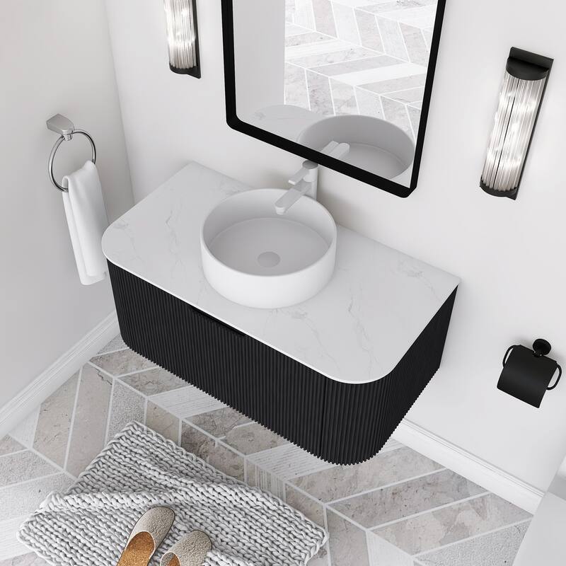 Plywood Wall-Mounted Bathroom Vanity Set with Integrated Ceramic Sink in Natural Wood