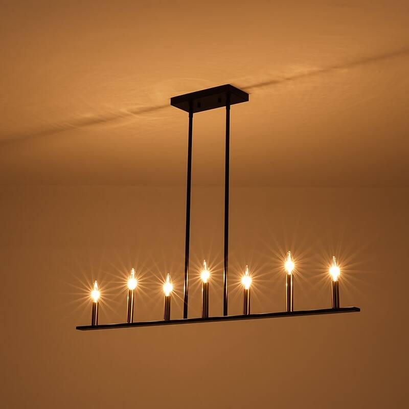 Minimalist 7-Light Black Brass Candle Linear Island Chandelier - 43.3 Inches