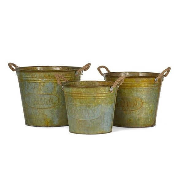 Set of 3 Green Rusted Walther Galvanized Planters with Rope Handle 15.5” - N/A
