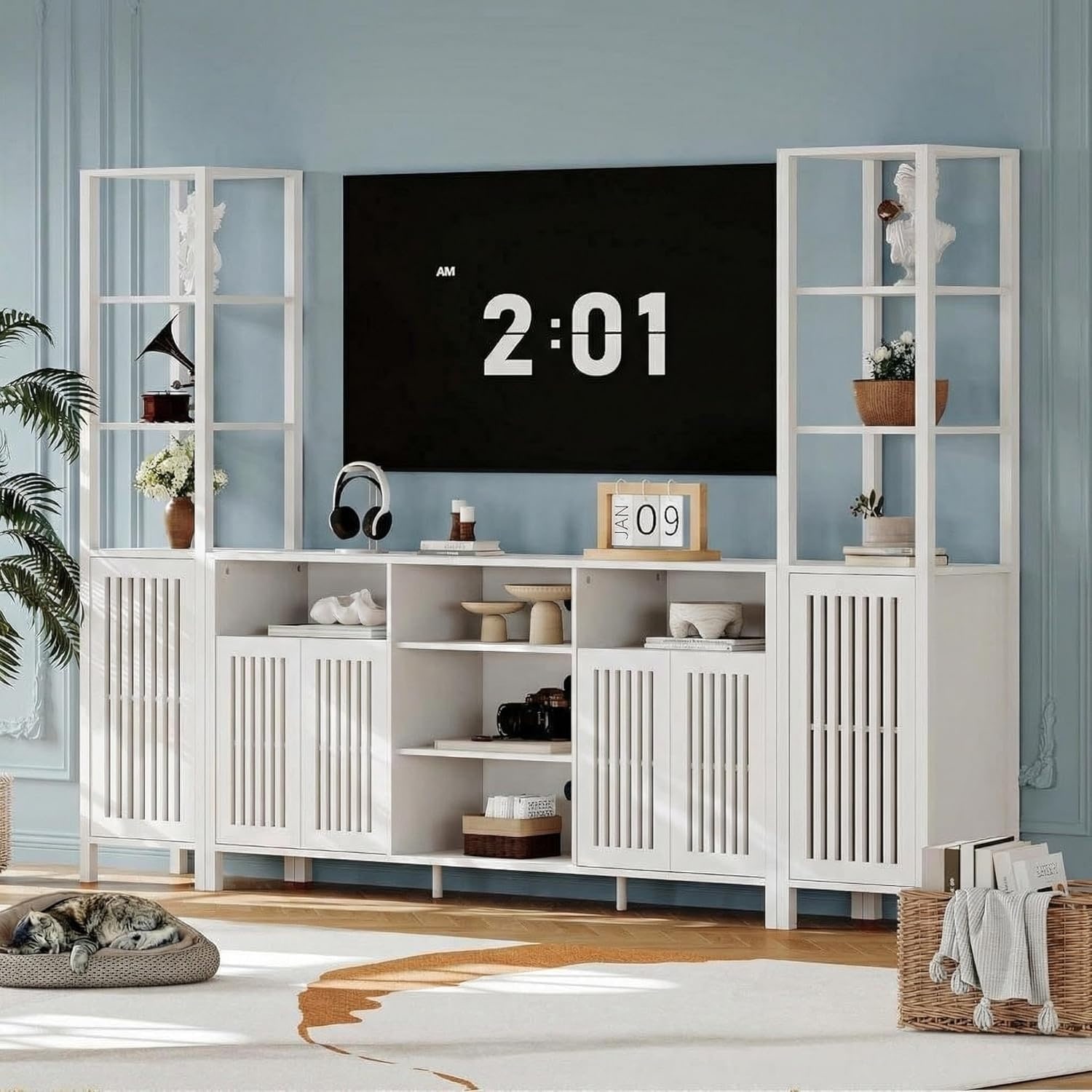 Farmhouse TV Stand w/ Bookshelves, Storage Cabinet, Media Console for TVs up to 70", Walnut