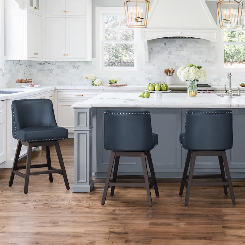 26 in. Counter Height Bar Stools Upholstered Wood Frame Swivel Bar Stool with Farbic Seat Set of 3 - 19.6"D x 19.6"W x 37"H - Navy Blue/Faux Leather