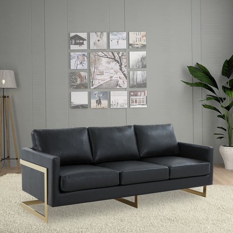Lincoln Modern 3-Seater Leather Sofa - Gold Stainless Steel Base & Solid Wood Frame - Luxury Couch for Living Room or Office