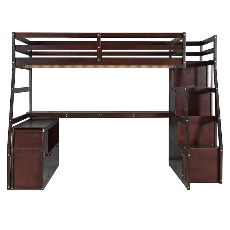 Espresso Full Size Wood Loft Bed with Drawers, Shelves, Ladder, and Desk