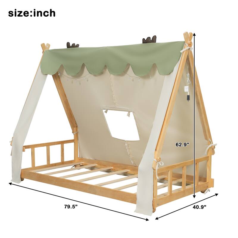 Twin/Full House Bed with Detachable Tent and Skylight, Kids Cabin Bed with Canopy, Light, and Forest-Themed Accents