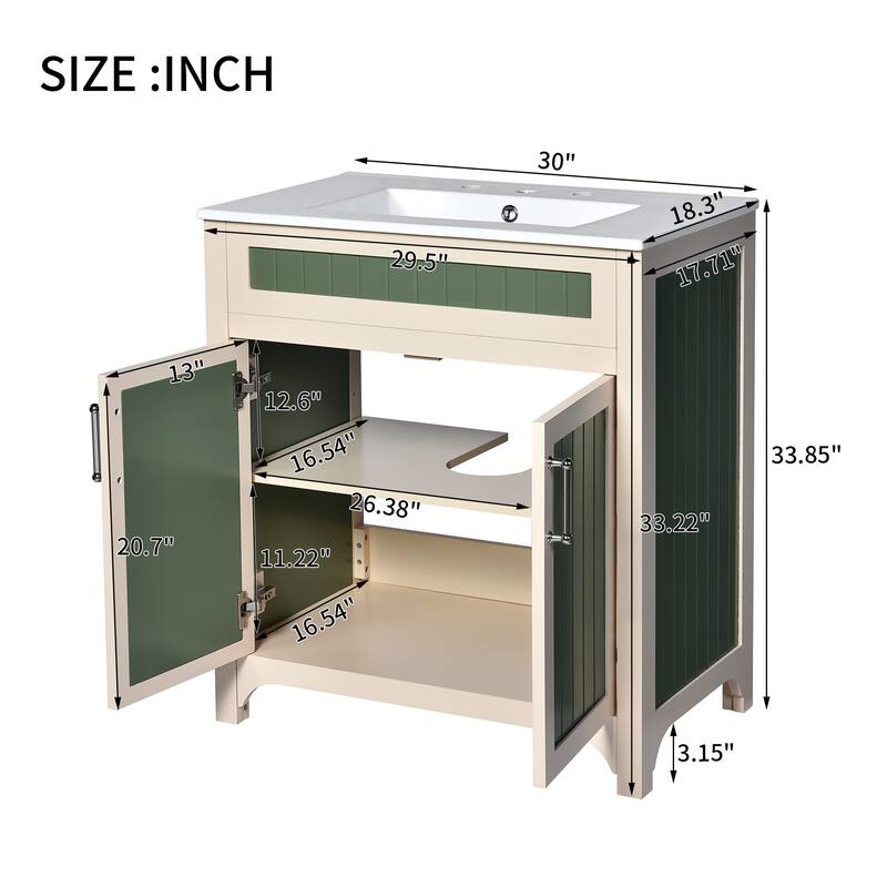 30 Inch Single Sink Freestanding Bathroom Vanity in Green with White Ceramic Top