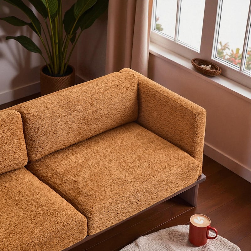 77" Modern Boucle Sofa, 3-Seater Upholstered Couch with Solid Wood Base and Square Arms for Living Room