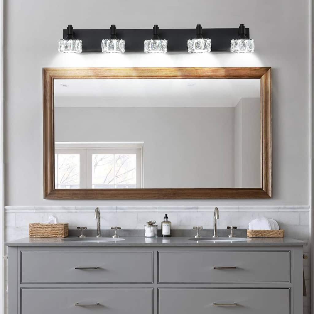 Modern 5-Light Matte Black LED Vanity Light Fixture with Crystal Glass Shades, Bathroom Wall Sconce