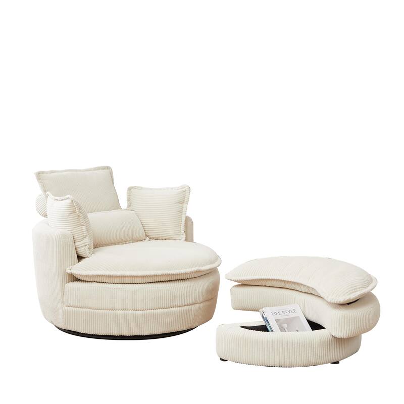 38"W Oversized Swivel Chair with Storage Ottoman, Beige Corduroy