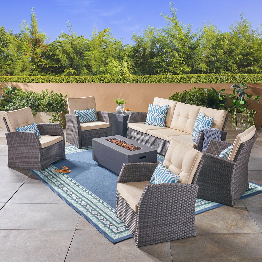 Sanger Outdoor 7 Seater Wicker Chat Set with Light Weight Concrete Fire Pit by Christopher Knight Home