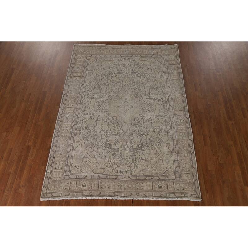 Distressed Tabriz Persian Vintage Area Rug Hand-Knotted Wool Carpet - 6'7"x 9'5"