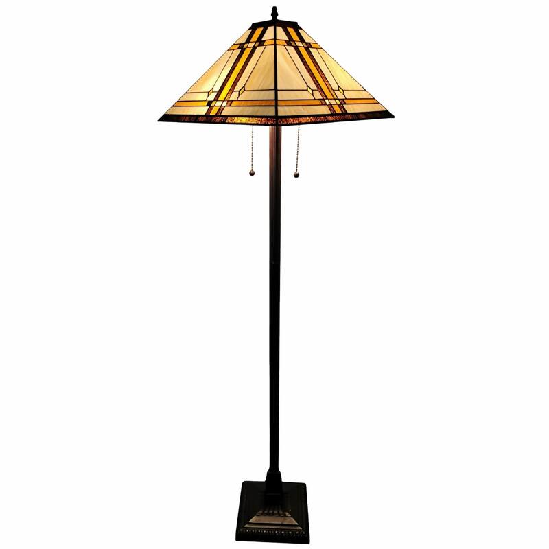 Brown Metal Traditional Floor Lamp with Stained Glass Shade and Pull Chain - 17” x 17” x 62” (D x W x H)