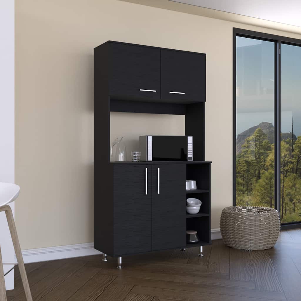 Pantry Kit, Four Legs, Double Door Cabinet, Three Shelves -Black
