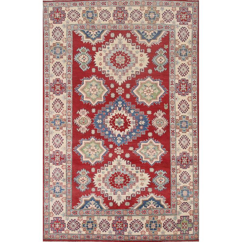 Hand Knotted Oriental 100% Wool Carpet Traditional Geometric Red Kazak Area Rug - 9' 9'' X 6' 7''