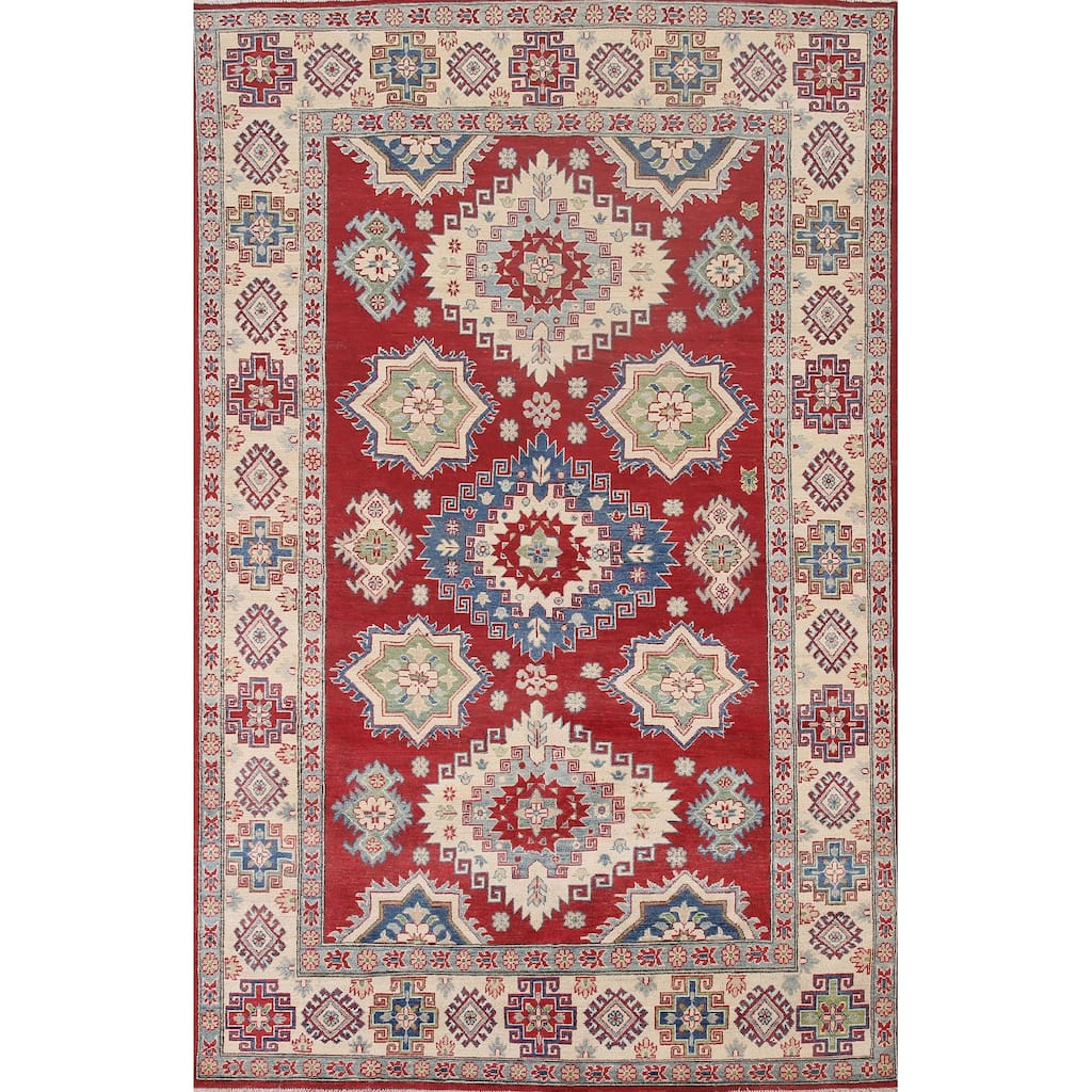 Hand Knotted Oriental 100% Wool Carpet Traditional Geometric Red Kazak Area Rug - 9' 9'' X 6' 7''