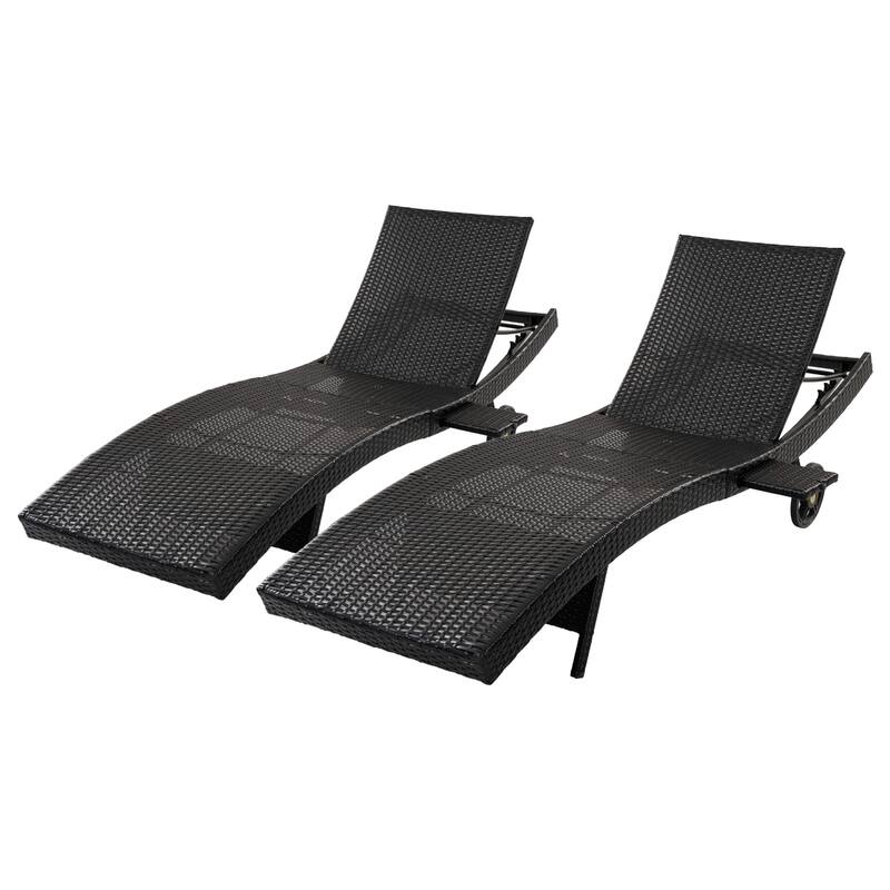 80"Patio Chaise Lounge Chairs Set of 2, Rattan Reclining Chair w/Rolling Wheels & Pull-out Side Table, Adjustable Backrest