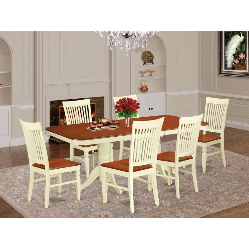 HomeStock 7-Piece Buttermilk and Cherry Finish Solid Wood Top Dining Table with 6 Chairs with Lattice Back