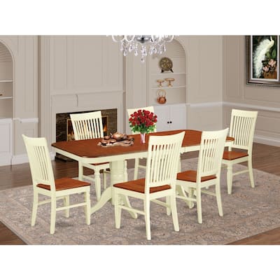 HomeStock 7-Piece Buttermilk and Cherry Finish Solid Wood Top Dining Table with 6 Chairs with Lattice Back