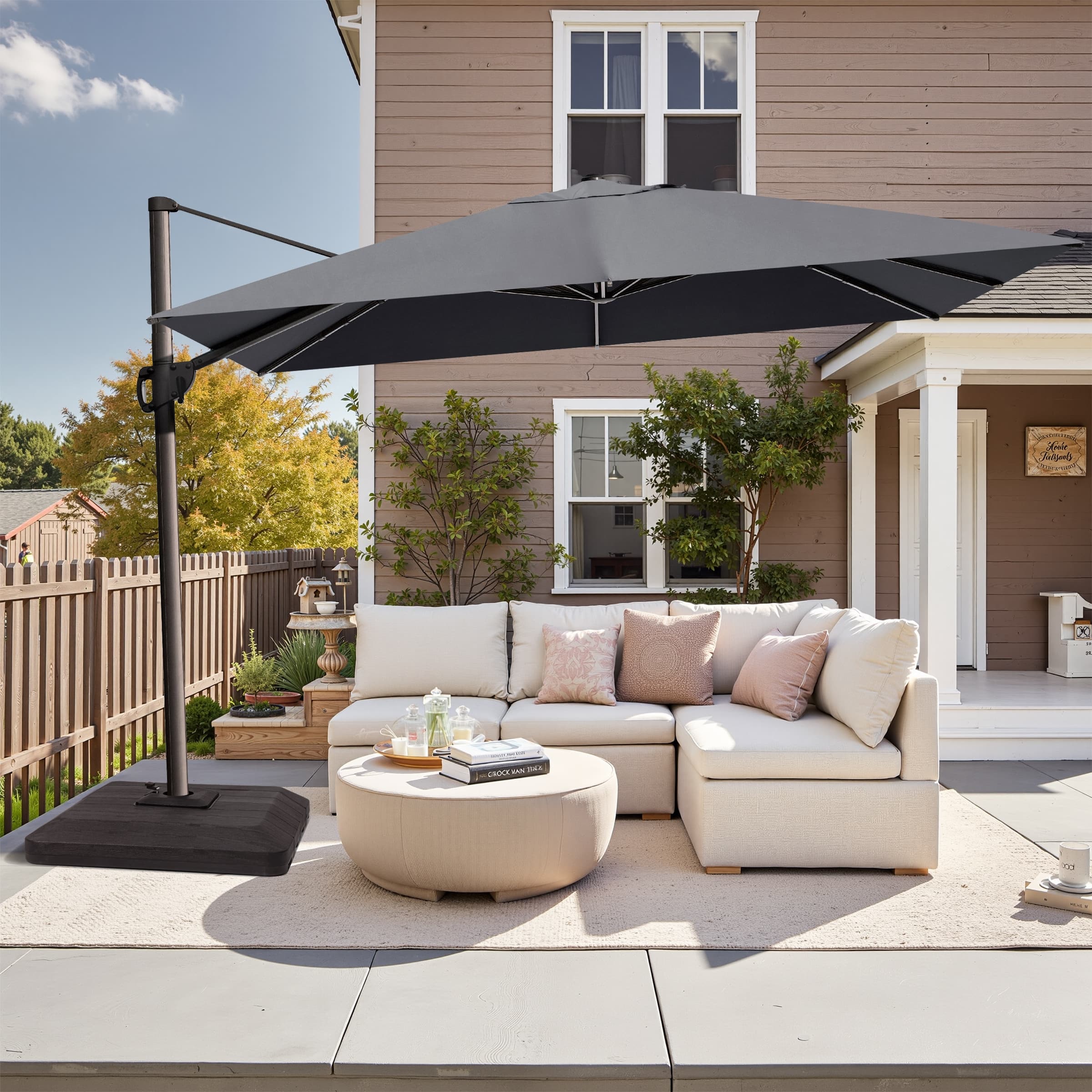 grey and tan umbrella patio PatioKingdom 9FT Outdoor Umbrella, Autotilt BBQ parties 10 ft x 13 ft
