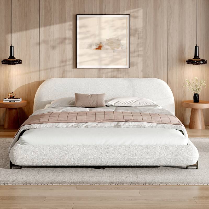 Upholstered Bed with Thick Headboard, Boucle Fabric Platform Bed Frame with Steel Legs, Wooden Slat Support