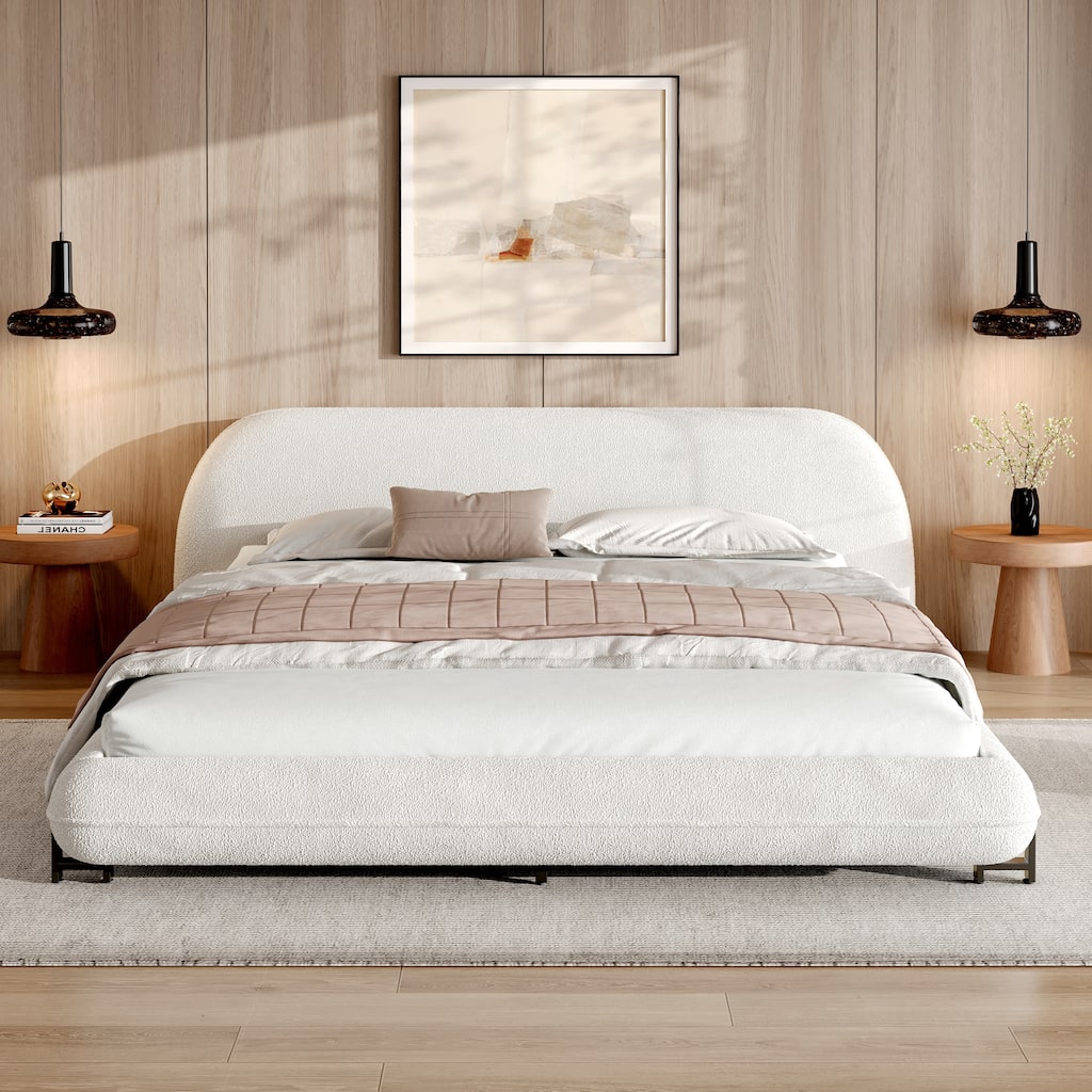 White Queen Size Upholstered Bed Frame with Boucle Fabric and Sturdy Steel Legs