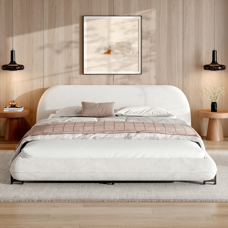 White Upholstered Boucle Fabric Low-Profile Platform Bed Frame with Thought Embeded Curved Thick Headboard and Metal Support Leg - White - Queen