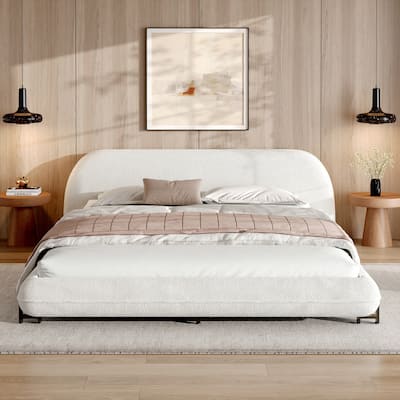 White Upholstered Boucle Fabric Low-Profile Platform Bed Frame with Thought Embeded Curved Thick Headboard and Metal Support Leg