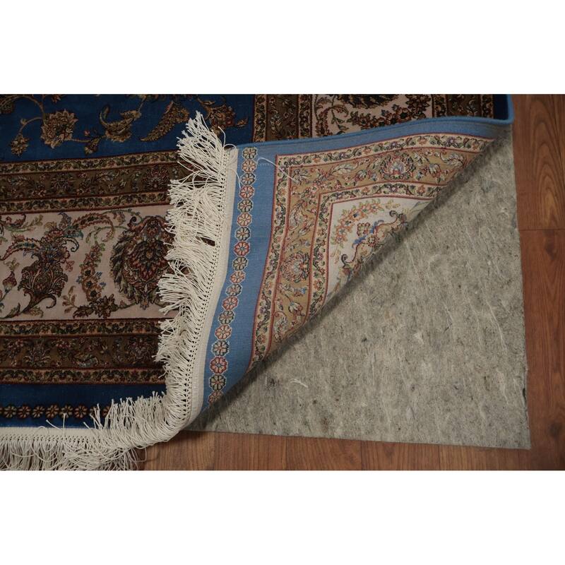 Machine Made Oriental 90% Silk - 10% Polyester Carpet Traditional Floral Navy Blue & Blues Qum Area Rug - 9' 10'' X 6' 7''
