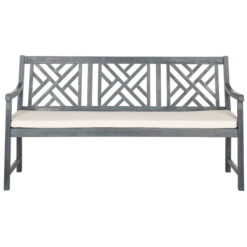 SAFAVIEH Outdoor Genara Solid Wood 3-Seat Bench with Cushion - 23Wx61Dx35H