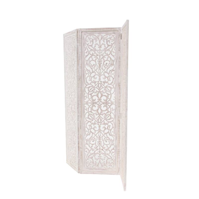 Wooden Floral Handmade Hinged Foldable 3 Panel Room Divider Screen with Intricate Carved Design - White - Roche River Decor