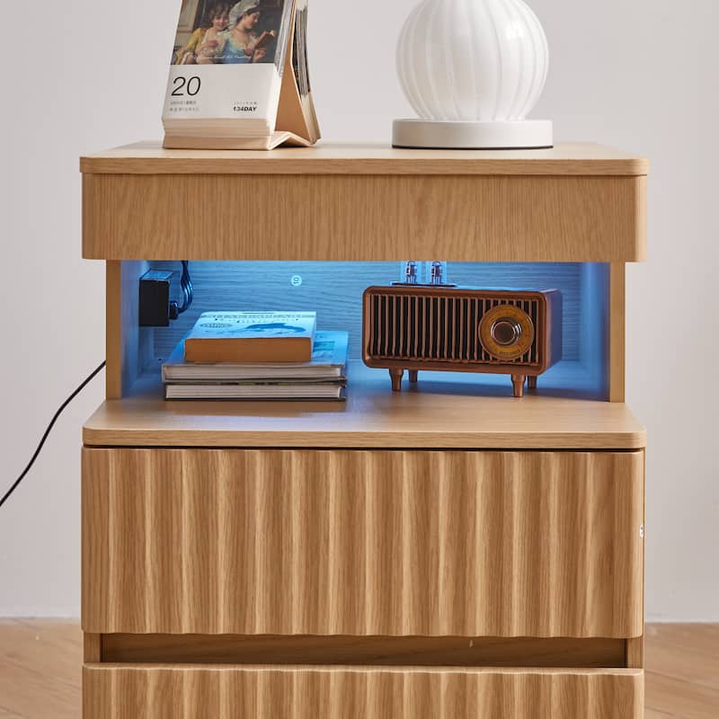 Modern Bedside Table with Gun Drawer,Bedside Table with Charging Station, 2 Drawers and Open Shelf,Side Table for Bedroom