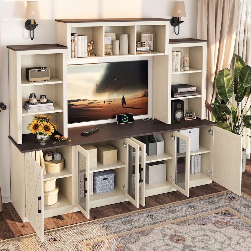 87.6" Wall Unit Entertainment Center Wood TV Stand with USB Charging, Media Console with Cabinets, Large Storage TV Cabinet