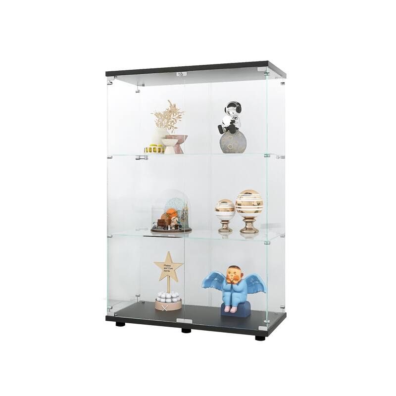 One-Door Glass Display Cabinet with 3 Shelves, Floor Standing Curio Bookshelf with Tempered Glass for Living Room Bedroom Office