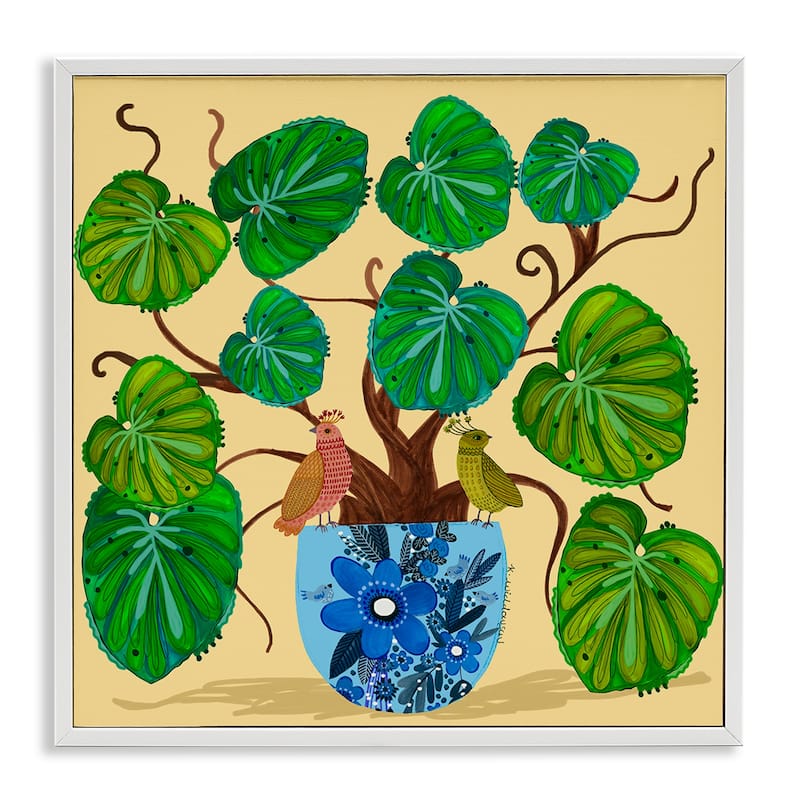 Stupell Potted Plant & Birds Perched Framed Giclee Art Design By Kay Widdowson - 17 x 17 - White